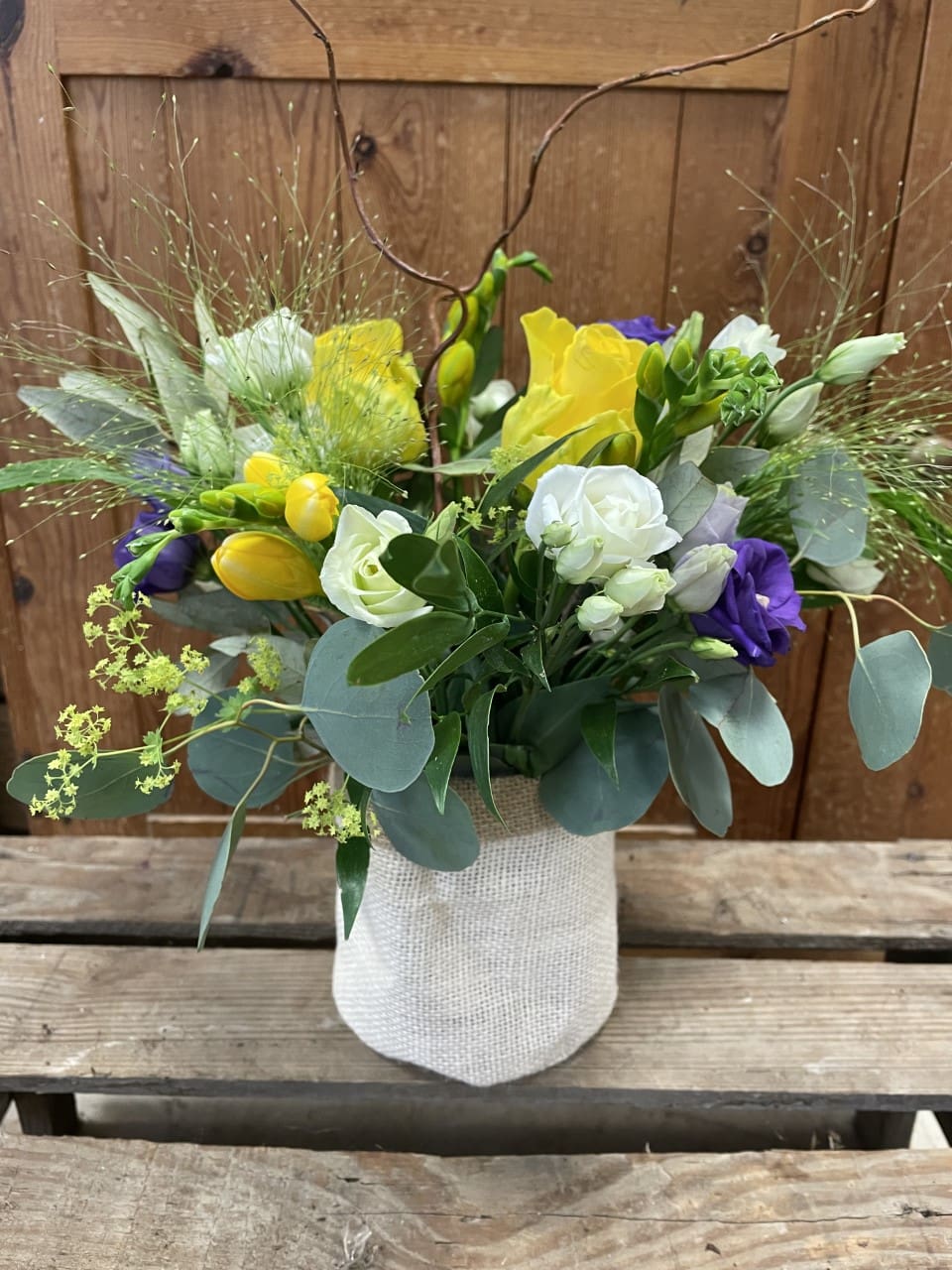 Floral Hessian Bag Arrangement Budding Designs Flower Studio