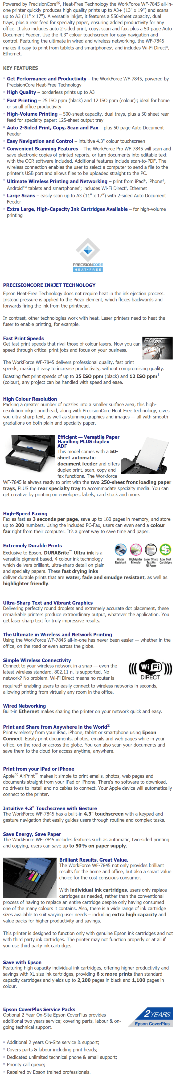 Epson WorkForce WF7845 Colour Inkjet Multifunction Printer BPC Technology