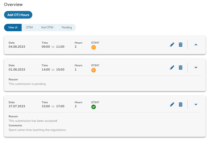 Learning Plan Off The Job Hours Log Individual Entries Bud Systems