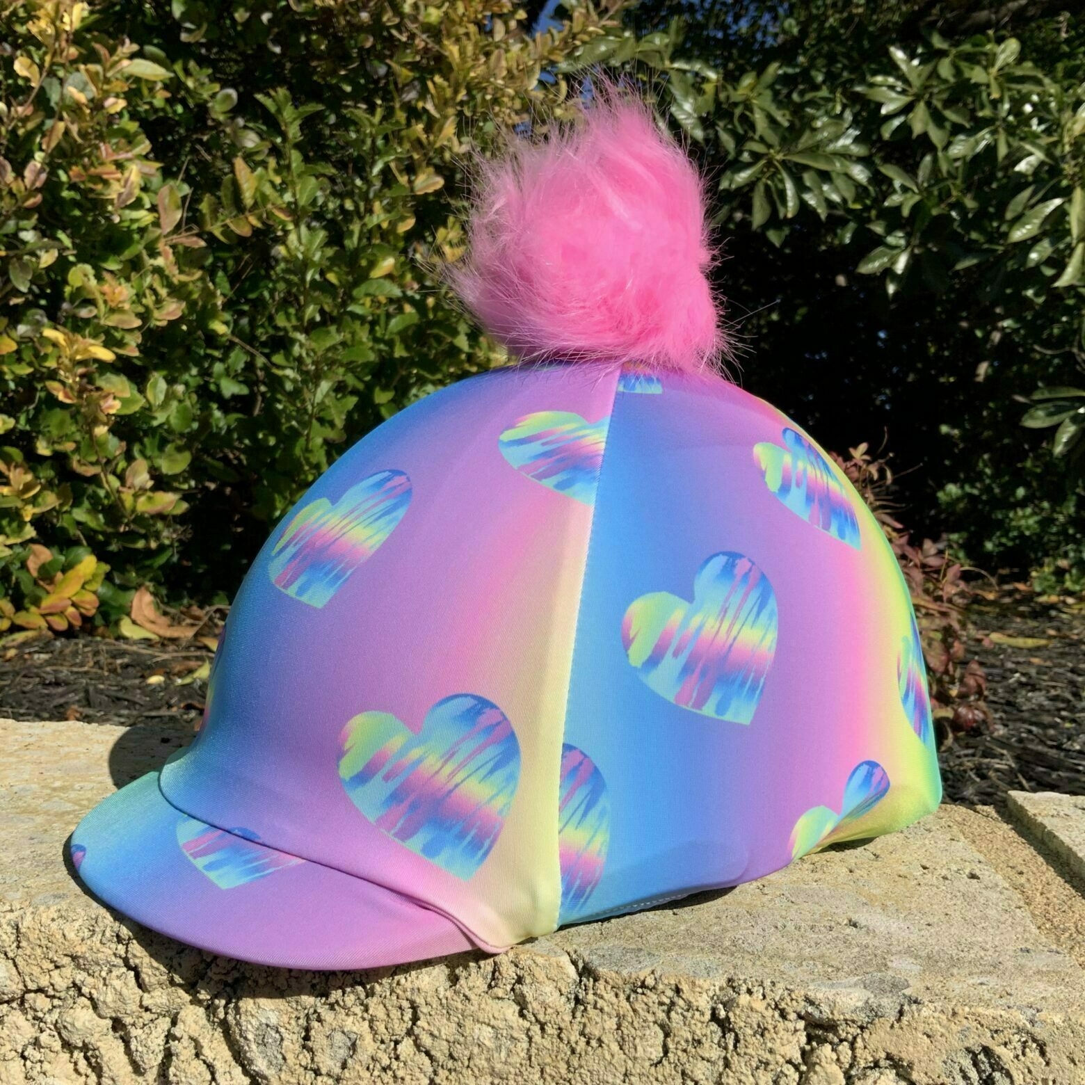 Helmet Cover Ombre Hearts with Pink pom pom Buggez Bugeyes