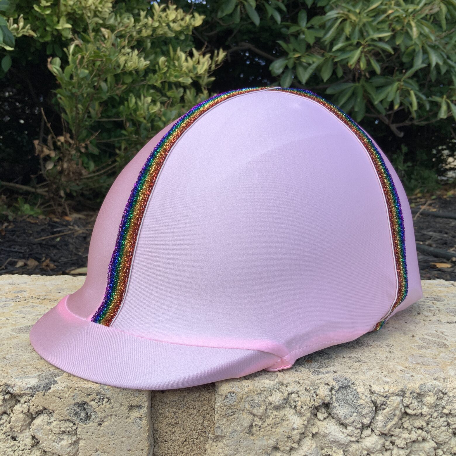 Helmet Cover Light Pink with rainbow glitter braid Buggez Bugeyes