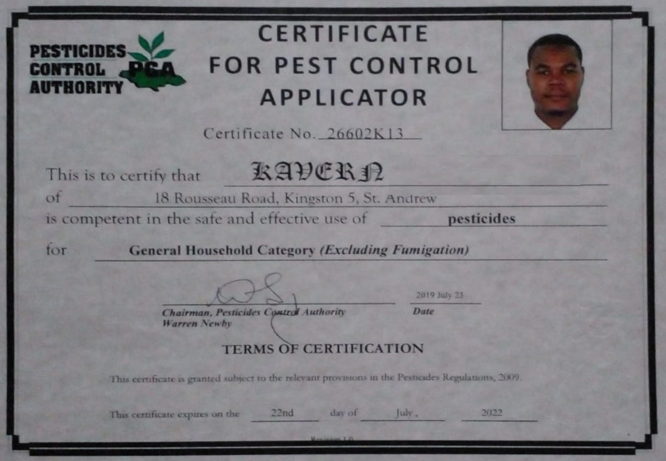 Bug Off Jamaica Certifications and Licences Licensed Pest and