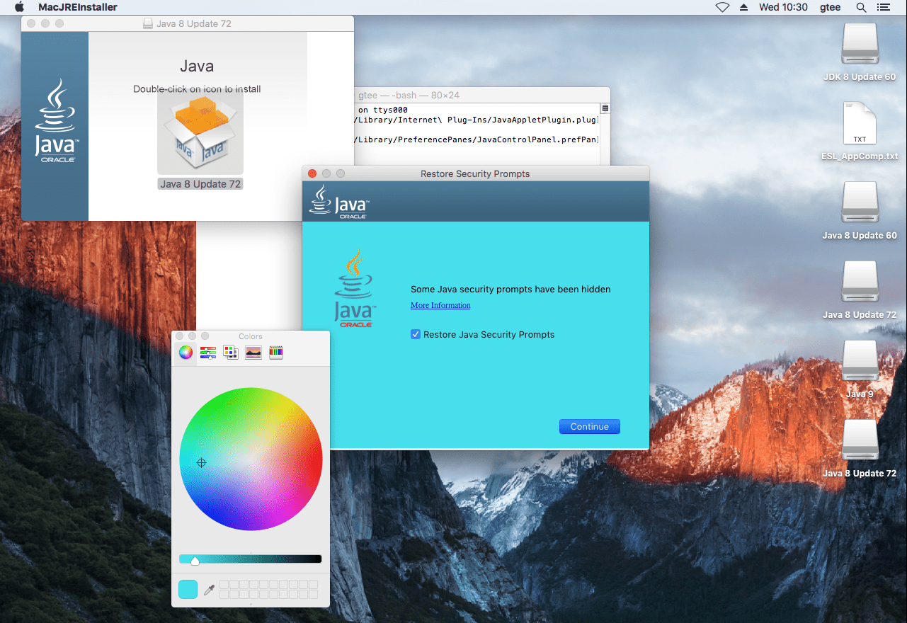 [JDK8146391] Updating Java in MAC OS X 10.11 fails with color picker pop with the final dialog