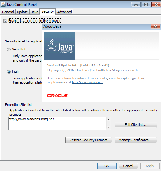 [JDK8166945] Edit Exception Sites List in 8u101 does not Apply Java