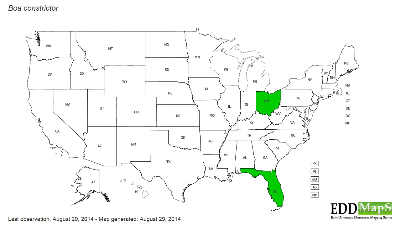 common boa (Boa constrictor) EDDMapS State Distribution