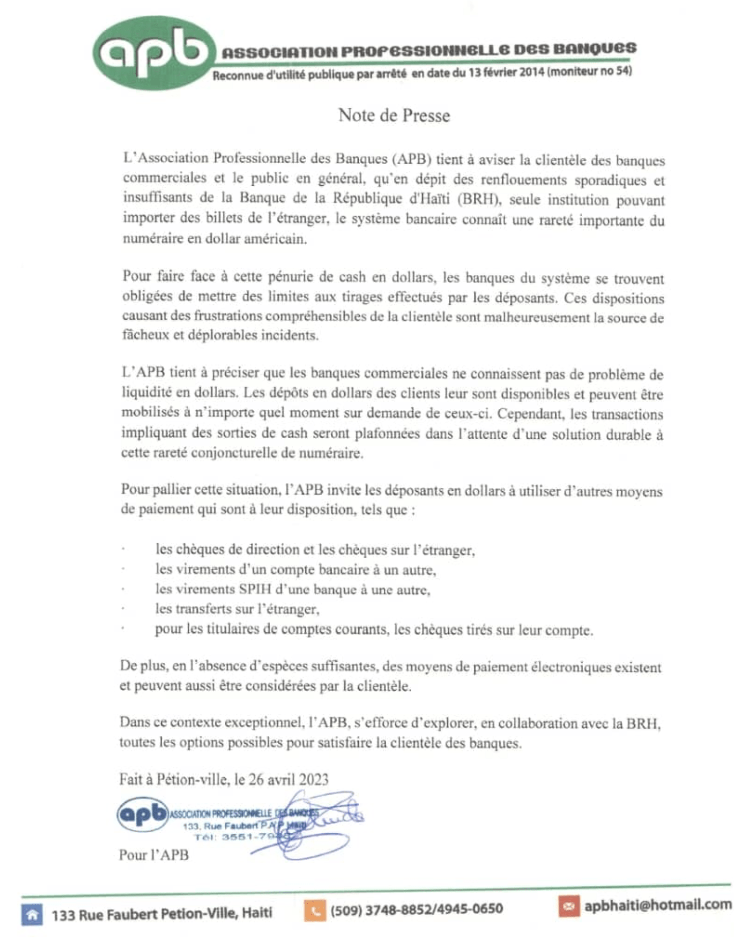 Press release from the Professional Association of Banks (APB) April 26