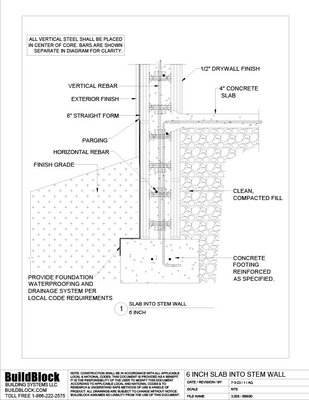 3.006 BB600 6 inch Floating Slab Into Stem Wall (DWG) BuildBlock