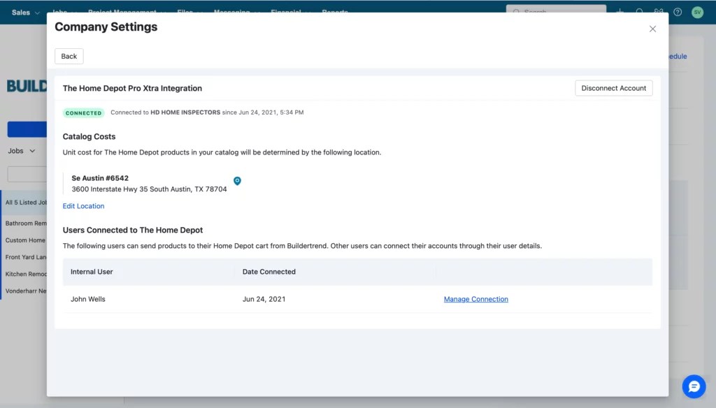 The Home Depot Pro Xtra Integration Buildertrend
