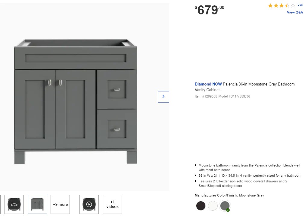 Diamond NOW Palencia 36in Moonstone Gray Bathroom Vanity