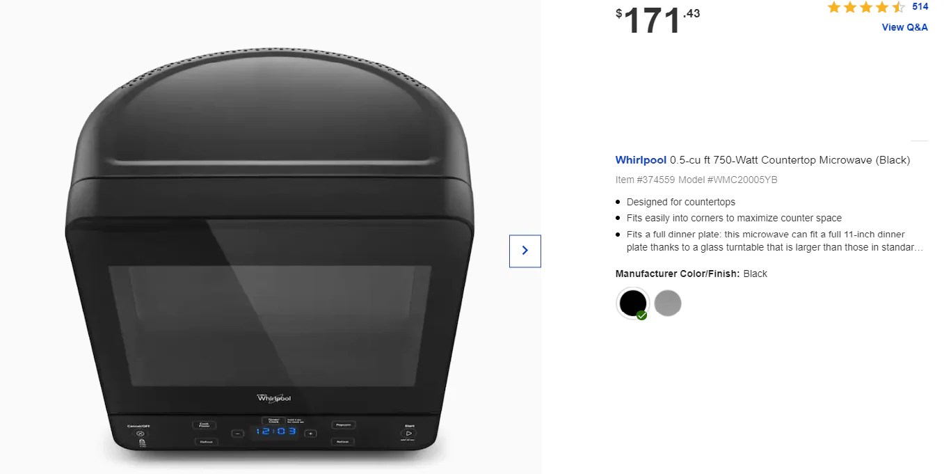 Whirlpool 0.5cu ft 750Watt Countertop Microwave (Black) Build Smart