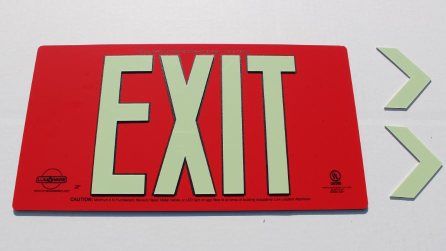 Photoluminescent Exit Sign, Single Sided, Red Aluminum