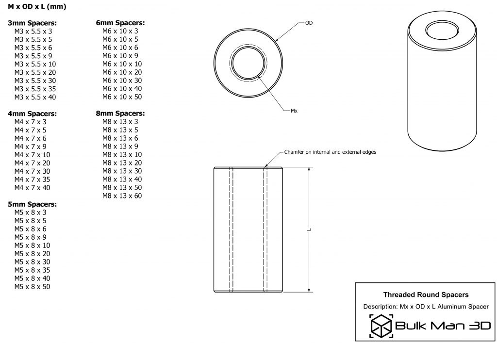 Threaded Round Spacers M3/M4/M5/M6/M8 BulkMan 3D