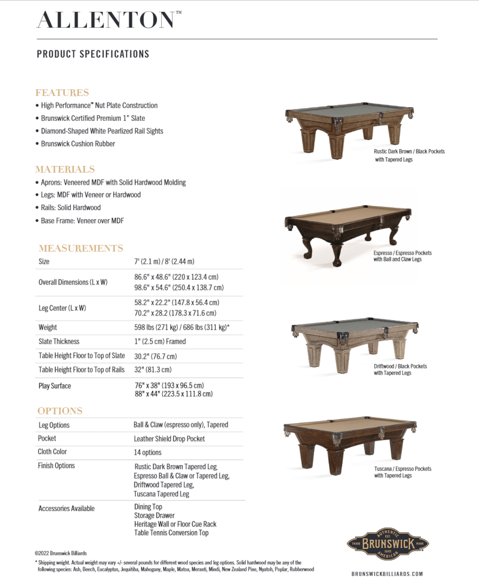 Brunswick 8' Allenton Pool Table