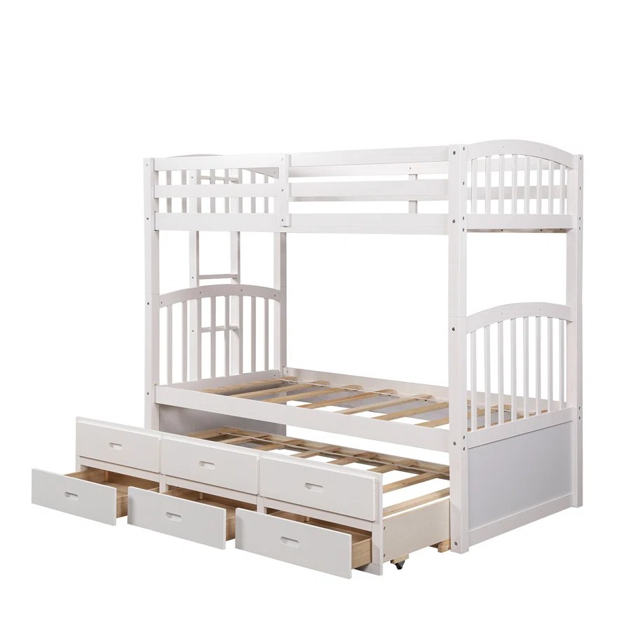 B1842 White Wood Bunk Bed w/ Trundle & Storage (Twin/Twin) Bunk Bed Hub