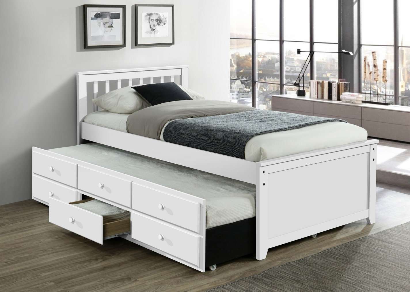 IF300W White Wood Trundle Bed Bunk Bed Hub