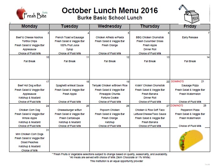 October Breakfast and Lunch Calendar Burke Basic School