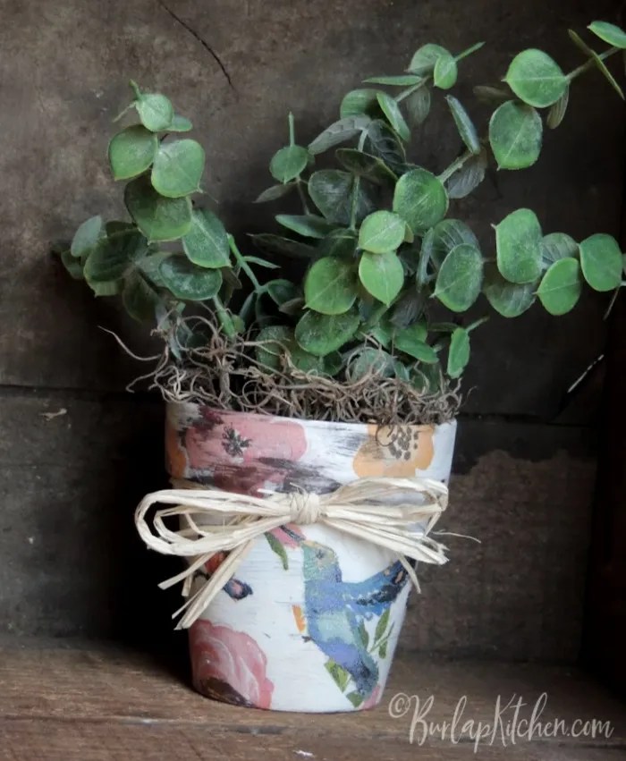 Decoupage Clay Pot Burlap Kitchen