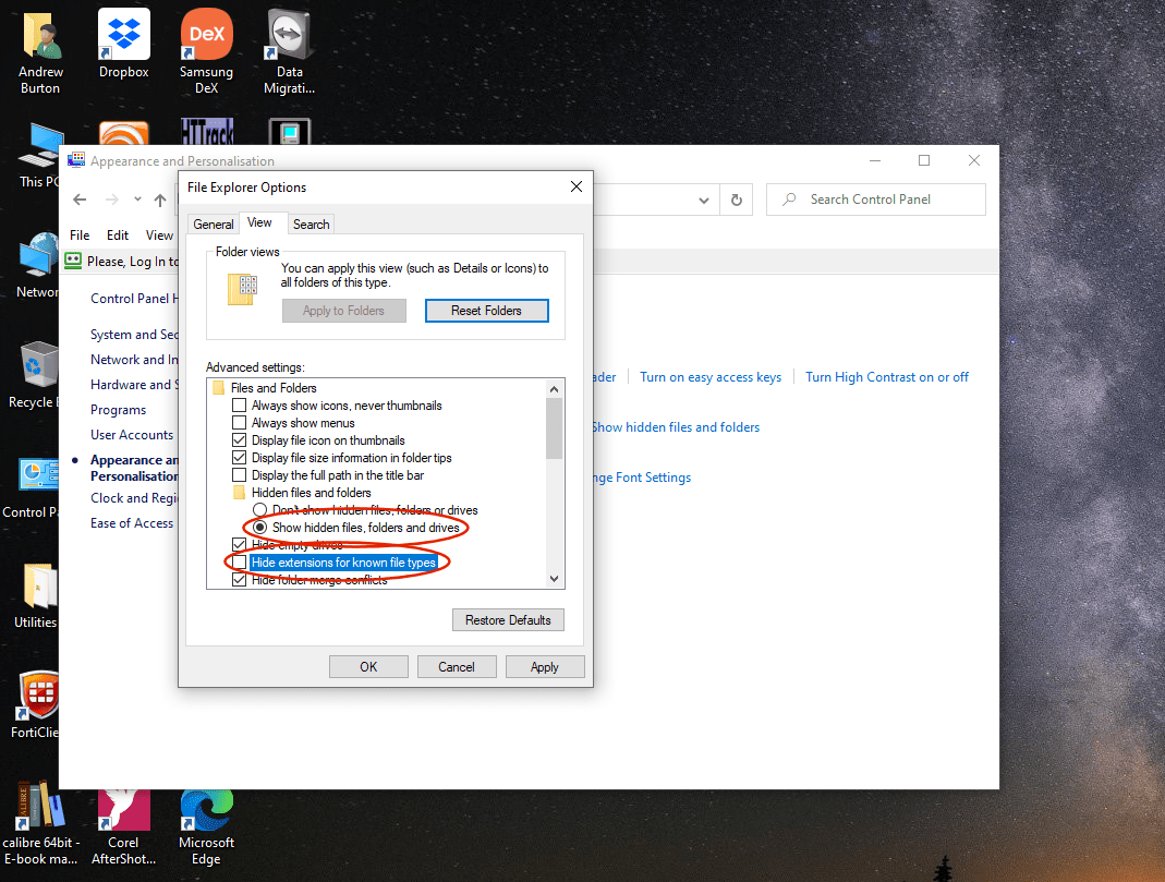 Change the “Don’t show hidden files, folders or drives” option to “Show hidden files, folders and drives” and  change the selection of the “Hide extensions for known file types