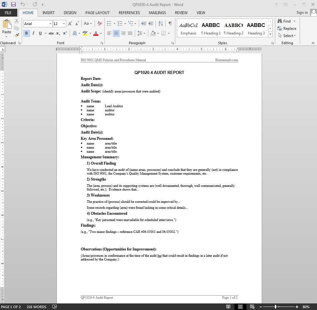 Sample Internal Audit Report Template E2 80 93 Kairo inside Iso 9001(04)