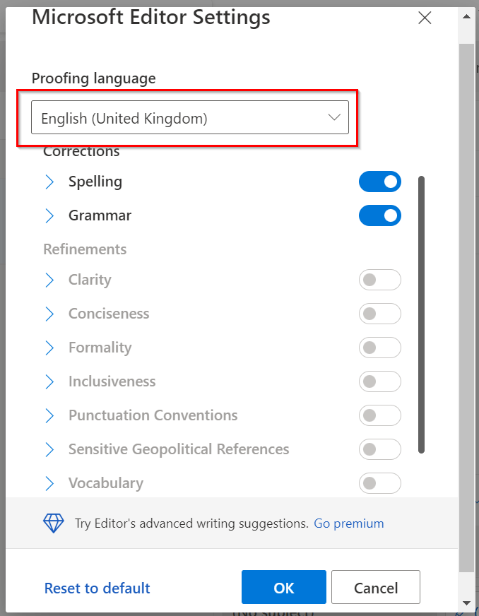 Can you run a spell check in Outlook for different languages at the