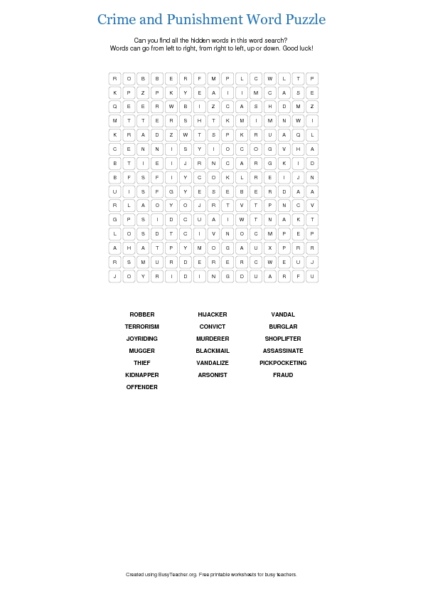 Crime and Punishment Word Puzzle (Intermediate)