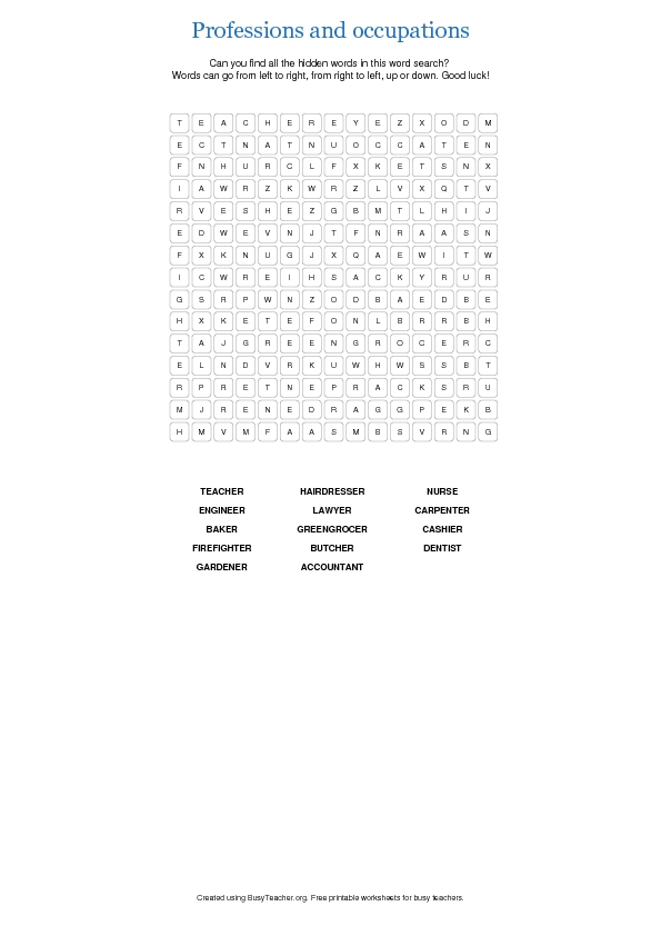 Professions and Occupations Wordsearch