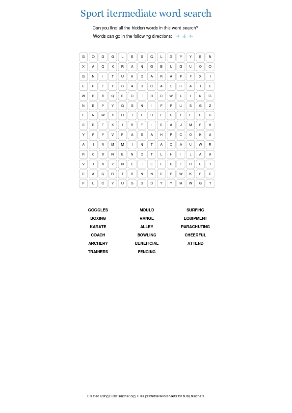 Sports Intermediate Word Search