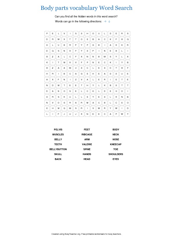 Body Parts Vocabulary Word Search