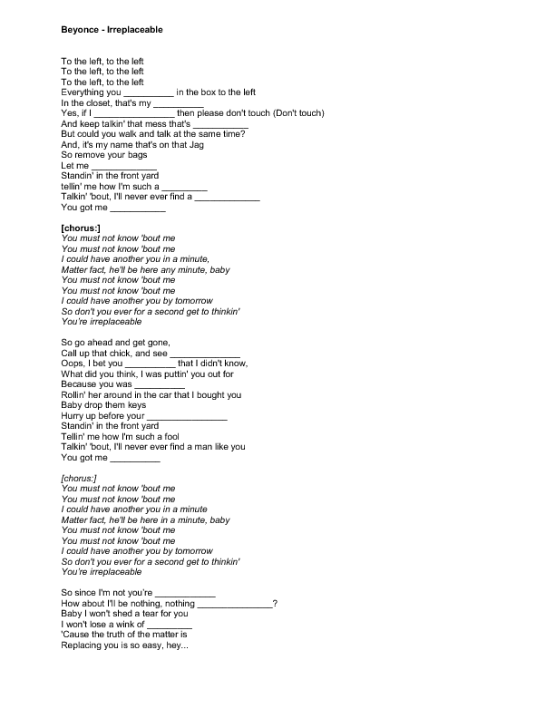 Song Worksheet Irreplaceable by Beyonce