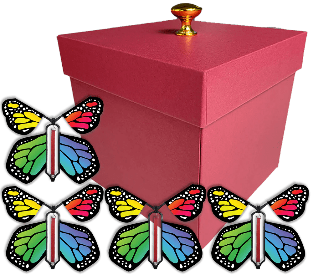 Red Monarch Exploding Butterfly Box With Wind Up Flying Butterflies