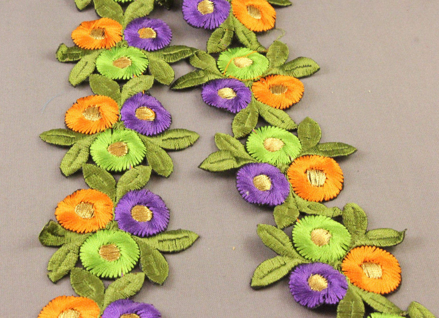 Circle Flowers Embroidered Trim 60mm Iron on Orange, Lime Green