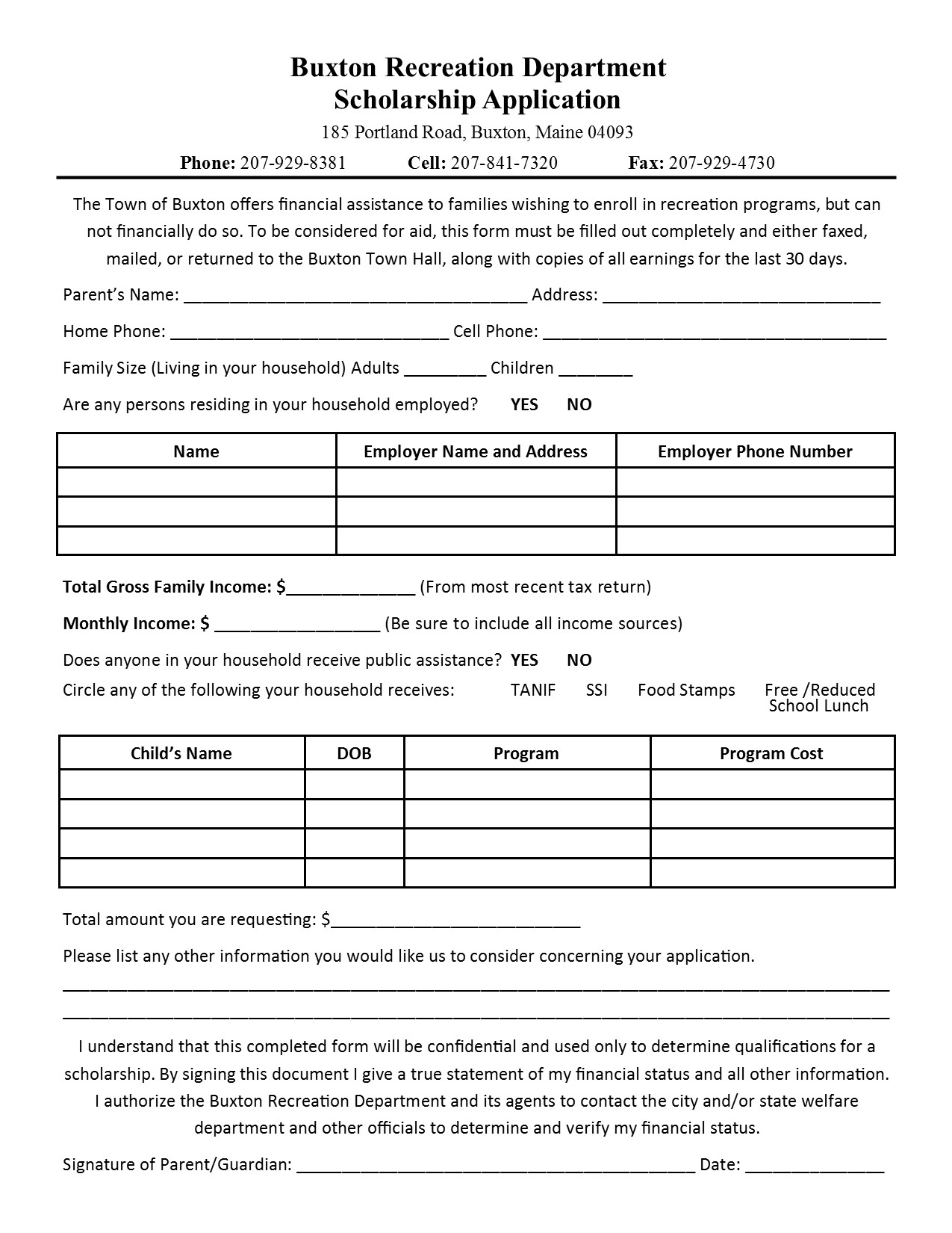 Buxton Recreation Department Information