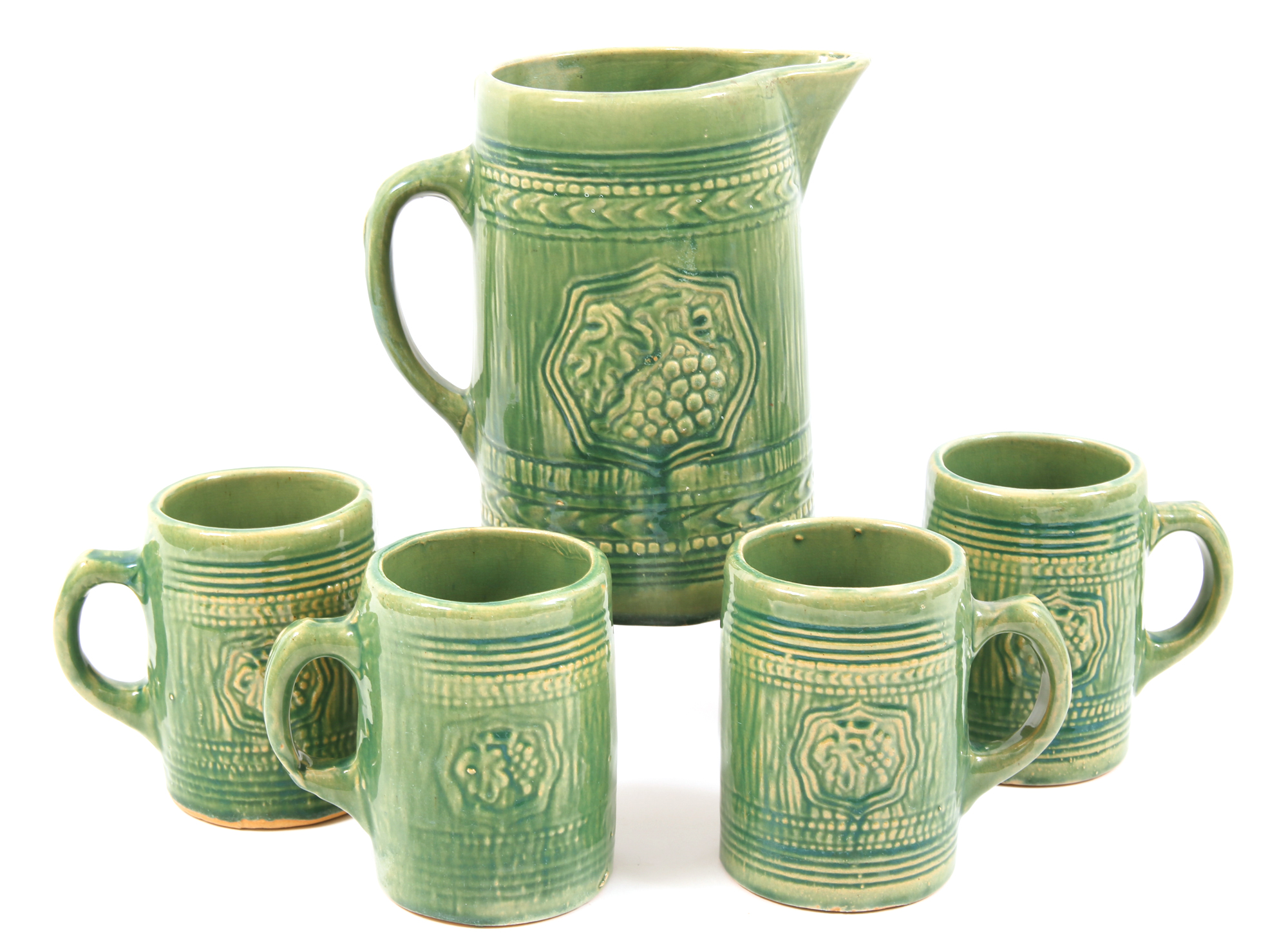 Lot Detail GREEN STONEWARE BEER PITCHER SET WITH 4 MUGS
