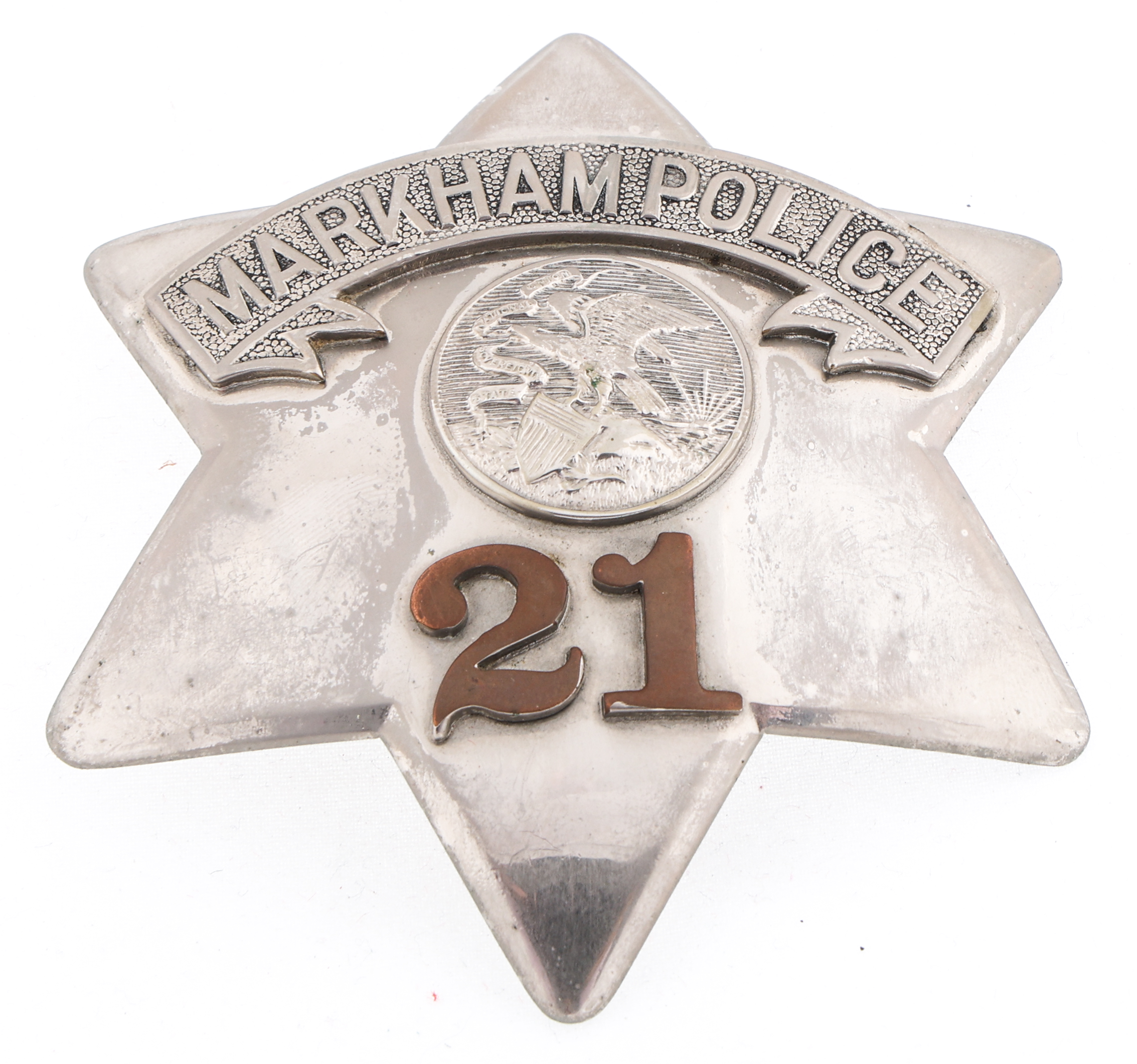 Lot Detail RESTRIKE MARKHAM ILLINOIS POLICE PIE PLATE BADGE NO. 21