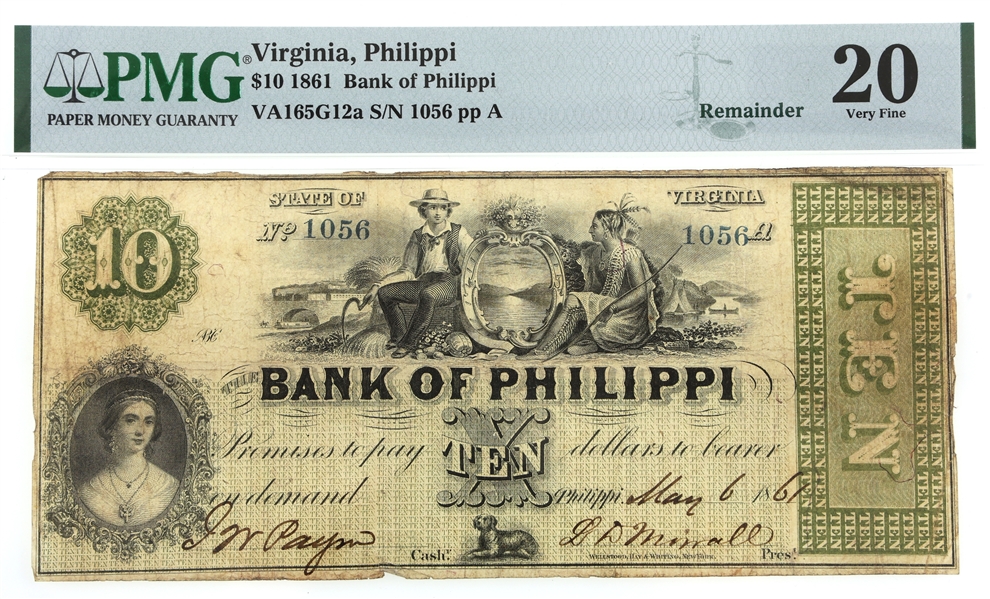 Lot Detail 1861 10 VIRGINIA BANK OF PHILIPPI BANKNOTE PMG GRADED