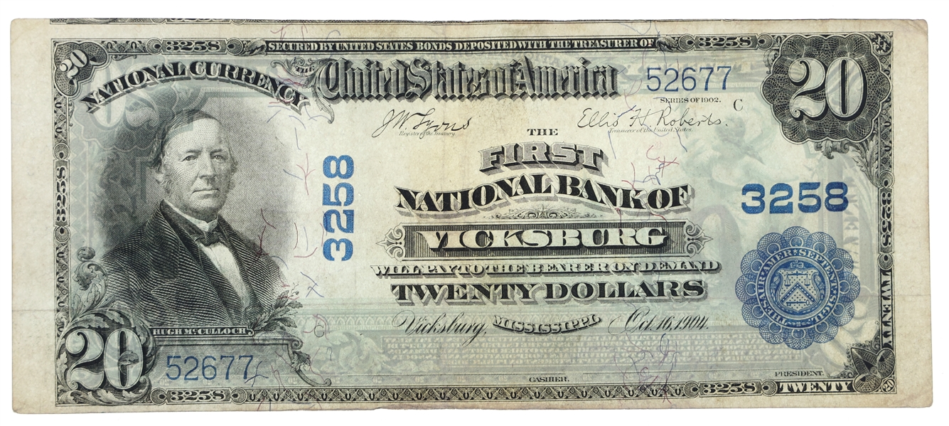 Lot Detail 1902 20 NAT'L BANK VICKSBURG, MS BANKNOTE Fr. 650