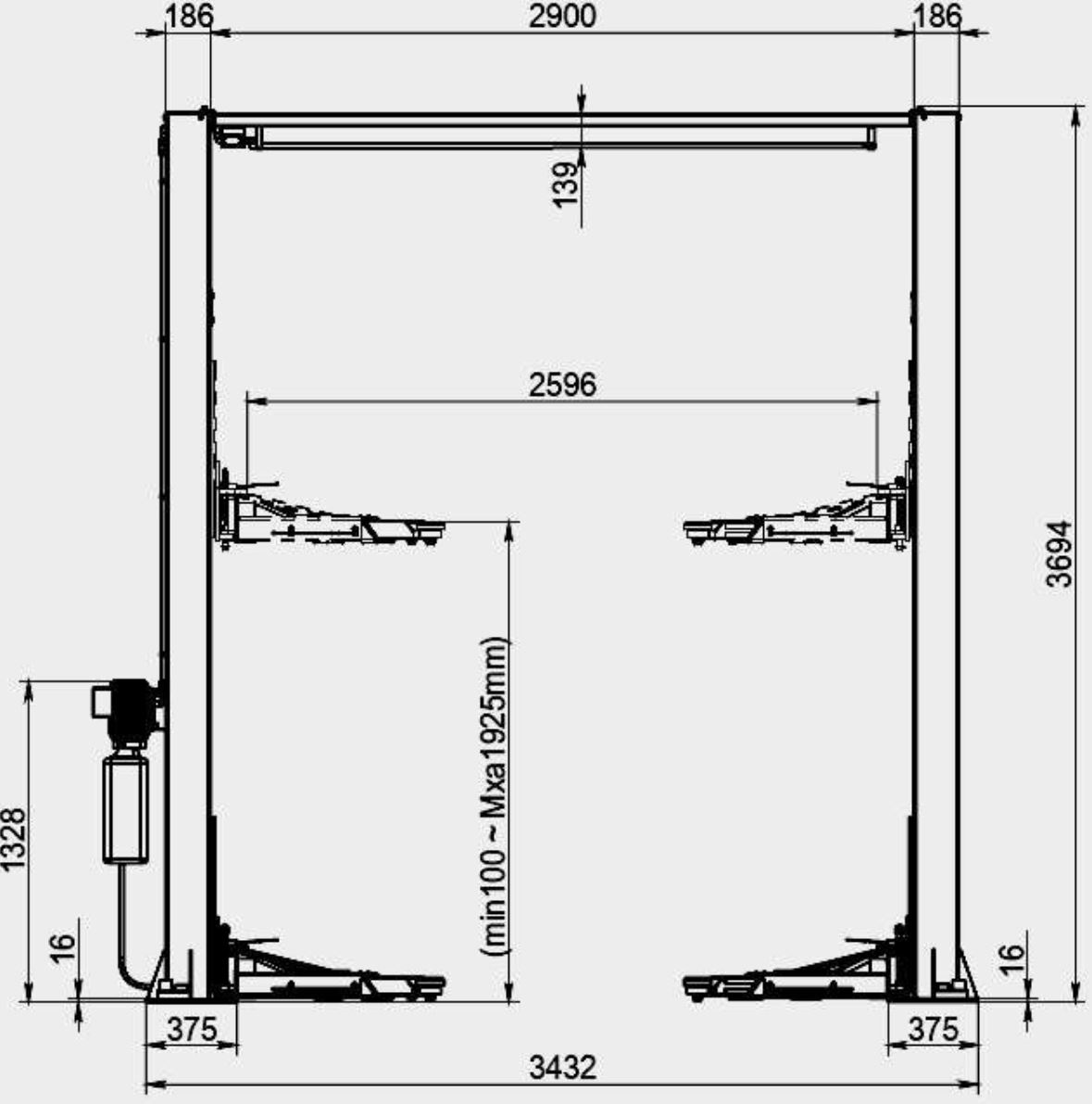 Hoist HAPP60P 4T Two Post, Dual pt safety, 1900mm Lift