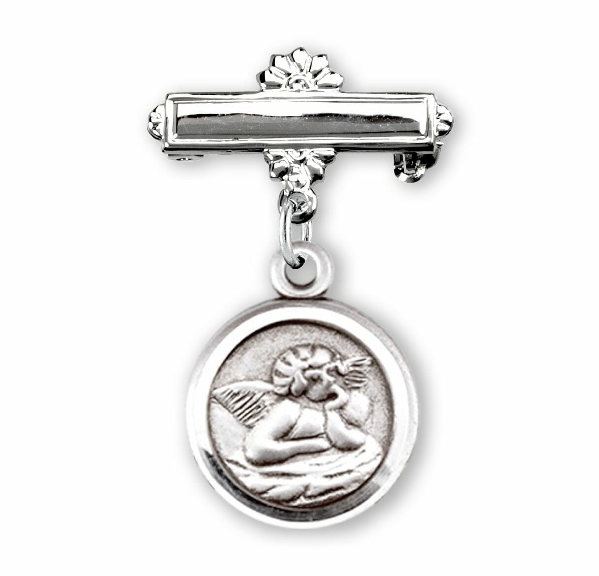 Sterling Silver Guardian Angel Baby Medal on a Bar Pin Buy Religious