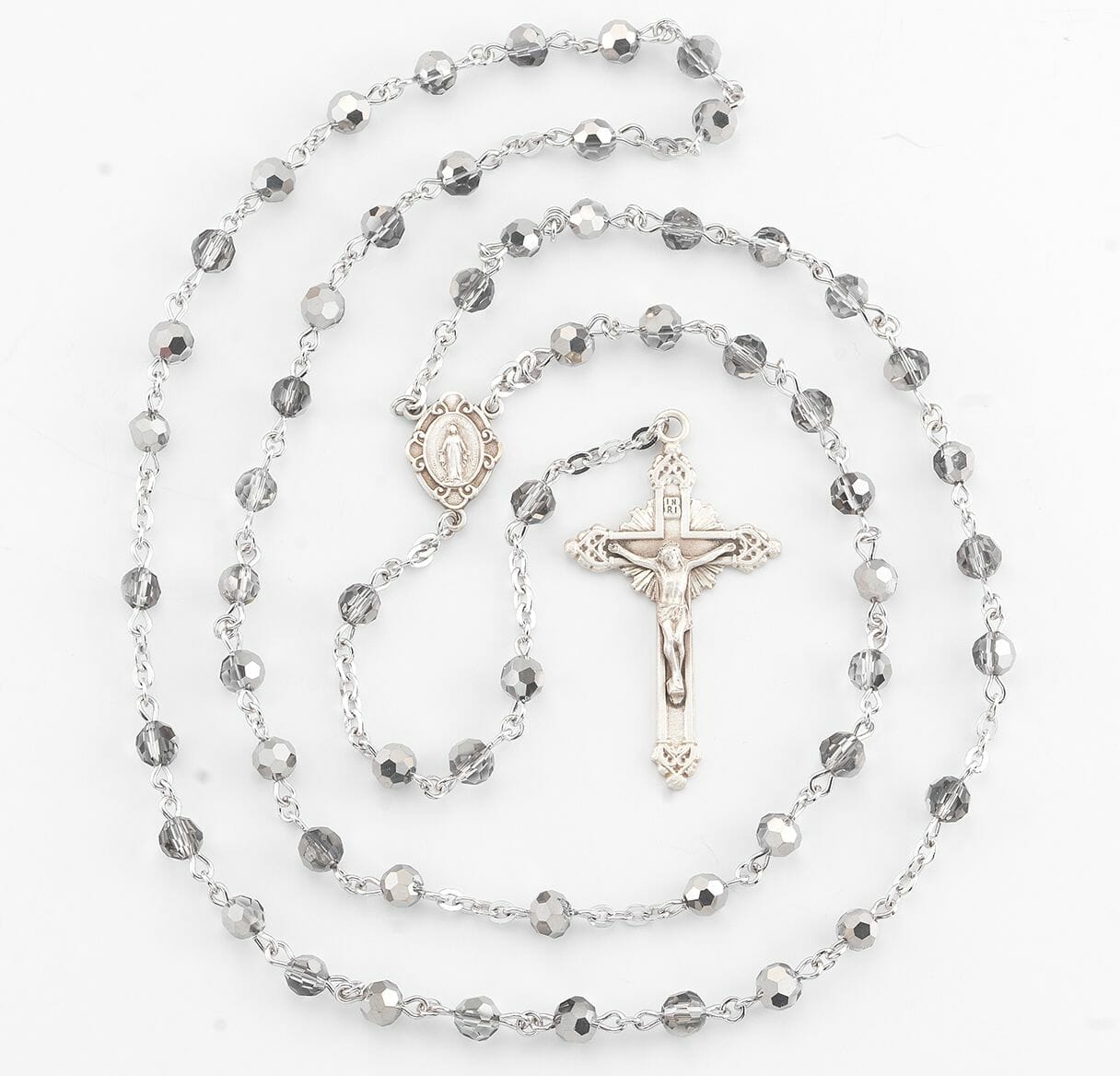 Round Metallic Silver Bead Rosary Sterling Crucifix and Centerpiece