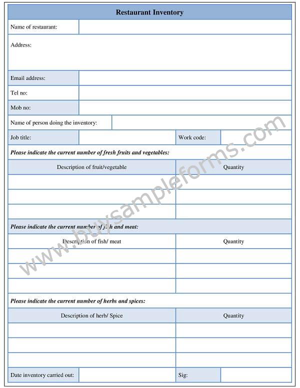 Restaurant Inventory Form Template, Sample, Example Buy Sample Forms