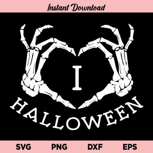 I Love Halloween Heart Skull SVG, I Love Halloween Skeleton Hands SVG