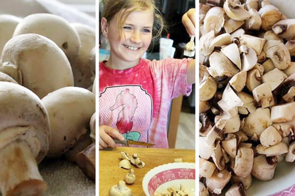 fresh mushrooms being chopped