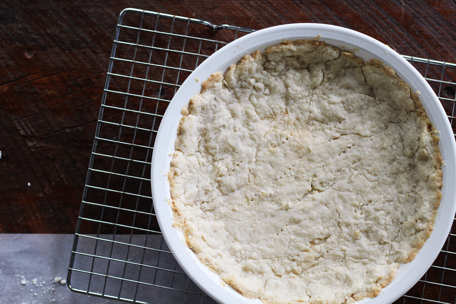 Par baking your bottom crust will ensure that you have a crisp, golden bottom. Overhead shot of a par baked bottom crust for chicken pot pie