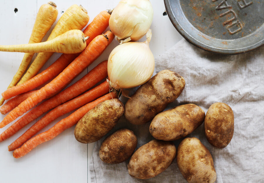 For this traditional Irish Stew recipe, we stuck with basic root vegetables like parsnips, carrots, onions, and potatoes. Traditional stew vegetables: parsnips, carrots, onions, and potatoes