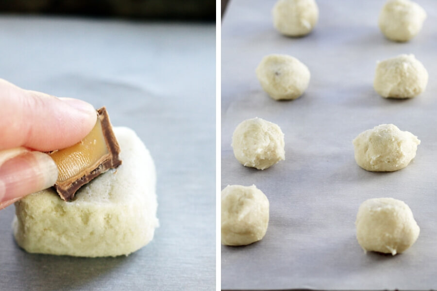 Roll the sugar cookie dough around a bite of caramel for a fun and delicious surprise in these Christmas cookies. tucking a piece of caramel inside sugar cookie dough