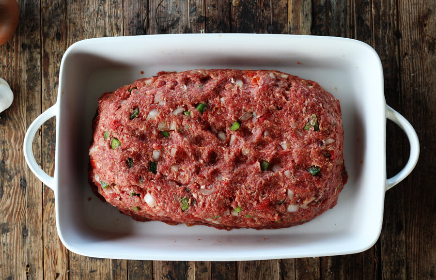 Meatloaf in a white baking pan