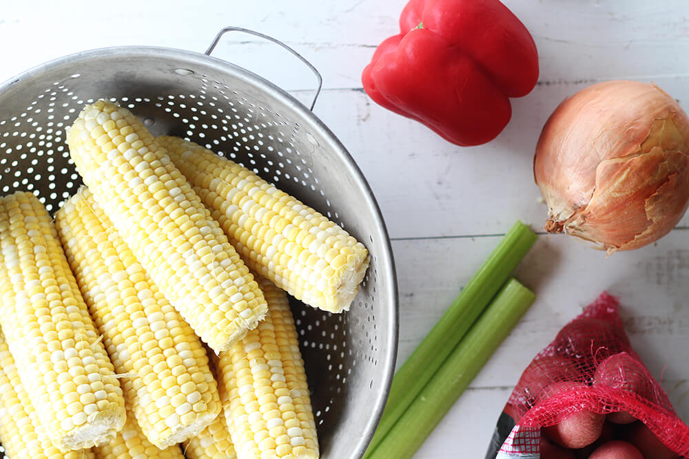 fresh corn, bell pepper, onion, celery, and baby red potatoes