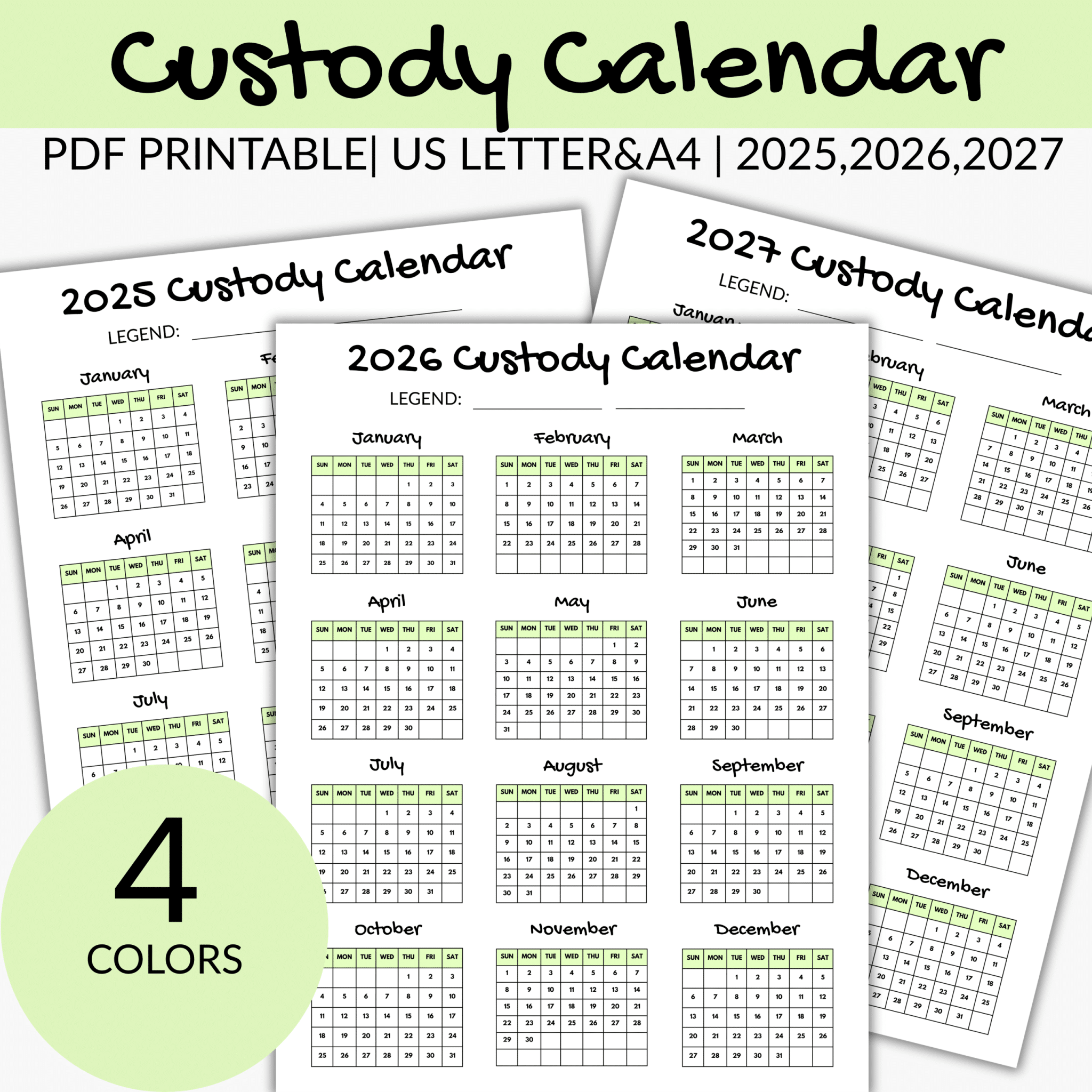 Custody Calendar Year At A Glance (INSTANT DOWNLOAD)