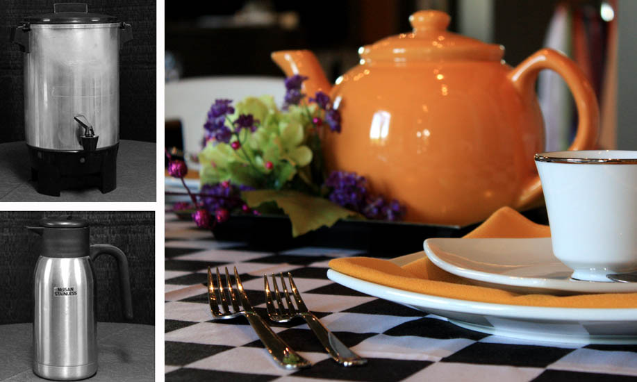 Coffee and Tea Serving Items Black and White Party Rentals