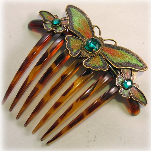 Hand Painted Emerald Butterfly French Comb Byrd Designs